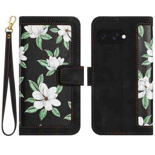 For Google Pixel 9a Floral Pattern Leather Phone Case with Lanyard(Black)