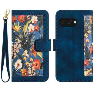 For Google Pixel 9a Floral Pattern Leather Phone Case with Lanyard(Dark Blue)