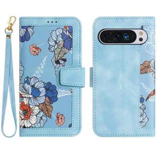 For Google Pixel 9 Pro XL Floral Pattern Leather Phone Case with Lanyard(Light Blue)