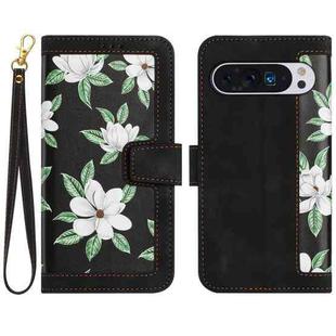 For Google Pixel 9 Pro XL Floral Pattern Leather Phone Case with Lanyard(Black)