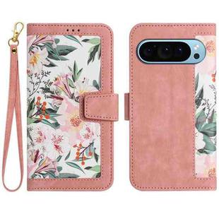 For Google Pixel 9 / 9 Pro Floral Pattern Leather Phone Case with Lanyard(Pink)