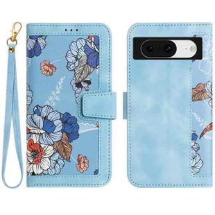 For Google Pixel 8a Floral Pattern Leather Phone Case with Lanyard(Light Blue)