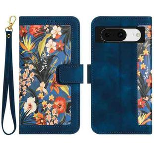 For Google Pixel 8a Floral Pattern Leather Phone Case with Lanyard(Dark Blue)