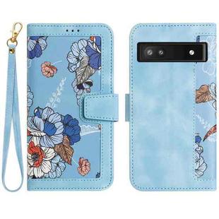 For Google Pixel 7a Floral Pattern Leather Phone Case with Lanyard(Light Blue)