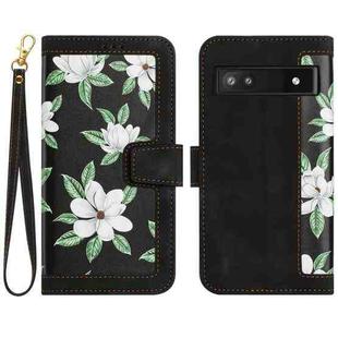 For Google Pixel 7a Floral Pattern Leather Phone Case with Lanyard(Black)