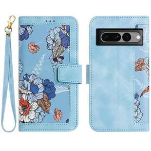 For Google Pixel 7 Pro Floral Pattern Leather Phone Case with Lanyard(Light Blue)