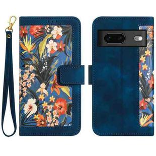 For Google Pixel 7 Floral Pattern Leather Phone Case with Lanyard(Dark Blue)