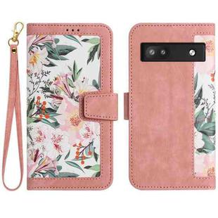 For Google Pixel 6a Floral Pattern Leather Phone Case with Lanyard(Pink)