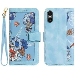 For Sony Xperia 10 VI Floral Pattern Leather Phone Case with Lanyard(Light Blue)