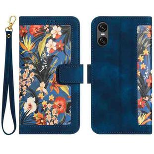 For Sony Xperia 10 VI Floral Pattern Leather Phone Case with Lanyard(Dark Blue)