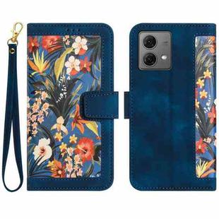 For Motorola Moto G84 Floral Pattern Leather Phone Case with Lanyard(Dark Blue)