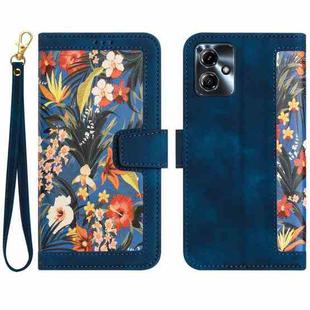 For Motorola Moto G54 Floral Pattern Leather Phone Case with Lanyard(Dark Blue)