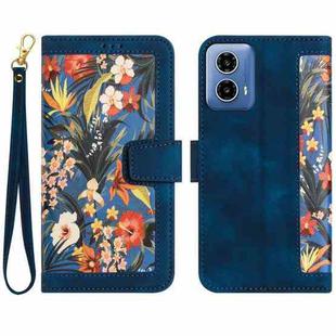 For Motorola Moto G34 Floral Pattern Leather Phone Case with Lanyard(Dark Blue)