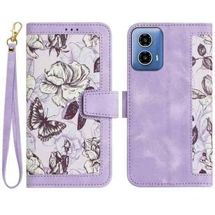 For Motorola Moto G 5G 2024 Floral Pattern Leather Phone Case with Lanyard(Light Purple)