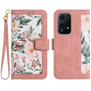 For Honor 200 Lite Global Floral Pattern Leather Phone Case with Lanyard(Pink)