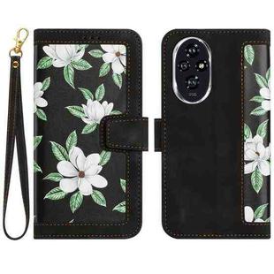 For Honor 200 Floral Pattern Leather Phone Case with Lanyard(Black)