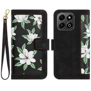 For Honor 200 Smart Floral Pattern Leather Phone Case with Lanyard(Black)