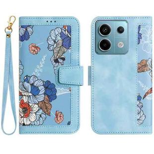 For Redmi Note 13 5G Floral Pattern Leather Phone Case with Lanyard(Light Blue)