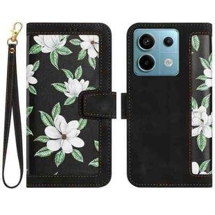 For Redmi Note 13 5G Floral Pattern Leather Phone Case with Lanyard(Black)