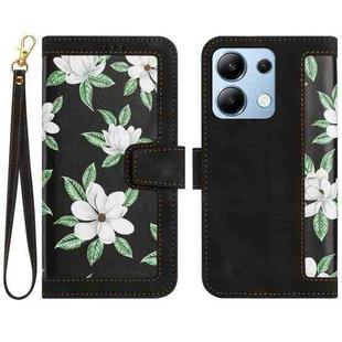 For Redmi Note 13 4G Floral Pattern Leather Phone Case with Lanyard(Black)