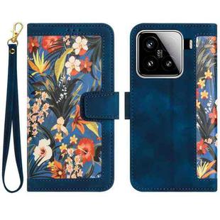 For Xiaomi 15 Floral Pattern Leather Phone Case with Lanyard(Dark Blue)