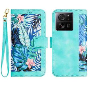 For Xiaomi 13T Floral Pattern Leather Phone Case with Lanyard(Green)