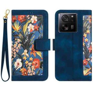 For Xiaomi 13T Floral Pattern Leather Phone Case with Lanyard(Dark Blue)