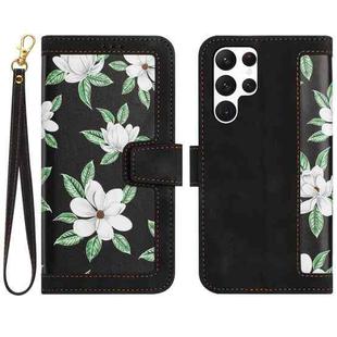 For Samsung Galaxy S25 Ultra 5G Floral Pattern Leather Phone Case with Lanyard(Black)