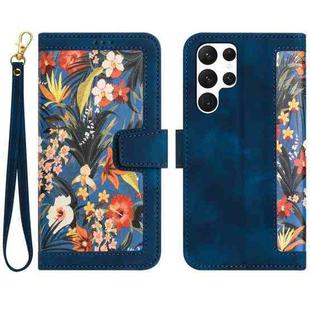 For Samsung Galaxy S25 Ultra 5G Floral Pattern Leather Phone Case with Lanyard(Dark Blue)