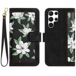 For Samsung Galaxy S24 Ultra 5G Floral Pattern Leather Phone Case with Lanyard(Black)