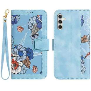 For Samsung Galaxy S24+ 5G Floral Pattern Leather Phone Case with Lanyard(Light Blue)