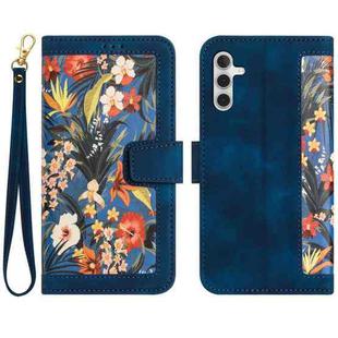 For Samsung Galaxy S24 5G Floral Pattern Leather Phone Case with Lanyard(Dark Blue)