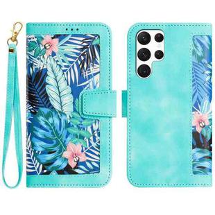 For Samsung Galaxy S23 Ultra 5G Floral Pattern Leather Phone Case with Lanyard(Green)