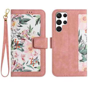 For Samsung Galaxy S23 Ultra 5G Floral Pattern Leather Phone Case with Lanyard(Pink)