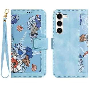 For Samsung Galaxy S23 5G Floral Pattern Leather Phone Case with Lanyard(Light Blue)