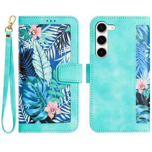 For Samsung Galaxy S23 5G Floral Pattern Leather Phone Case with Lanyard(Green)