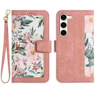 For Samsung Galaxy S23 5G Floral Pattern Leather Phone Case with Lanyard(Pink)