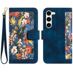 For Samsung Galaxy S23 5G Floral Pattern Leather Phone Case with Lanyard(Dark Blue)