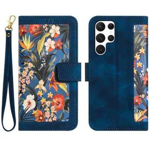 For Samsung Galaxy S22 Ultra 5G Floral Pattern Leather Phone Case with Lanyard(Dark Blue)