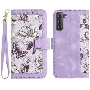 For Samsung Galaxy S22+ 5G Floral Pattern Leather Phone Case with Lanyard(Light Purple)