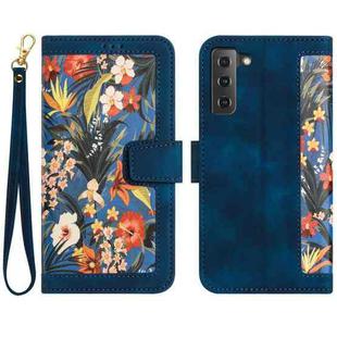 For Samsung Galaxy S22+ 5G Floral Pattern Leather Phone Case with Lanyard(Dark Blue)