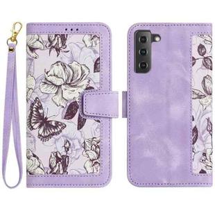 For Samsung Galaxy S21+ 5G Floral Pattern Leather Phone Case with Lanyard(Light Purple)