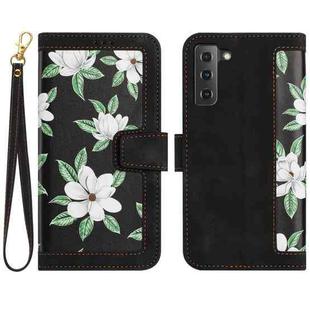 For Samsung Galaxy S21 5G Floral Pattern Leather Phone Case with Lanyard(Black)