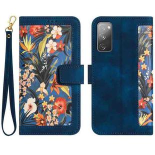 For Samsung Galaxy S20 FE Floral Pattern Leather Phone Case with Lanyard(Dark Blue)