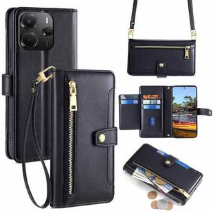 For Redmi Note 14 4G 164.84mm Sheep Texture Cross-body Zipper Wallet Leather Phone Case(Black)
