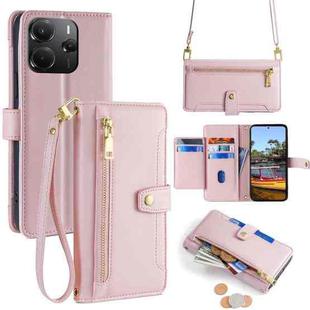 For Redmi Note 14 4G 164.84mm Sheep Texture Cross-body Zipper Wallet Leather Phone Case(Pink)