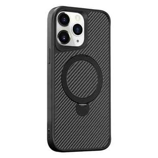 For iPhone 11 Pro Max Carbon Fiber Texture 360 MagSafe Holder Phone Case(Black)