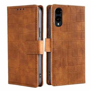 For Fujitsu Arrows We2 Skin Feel Crocodile Magnetic Clasp Leather Phone Case(Brown)