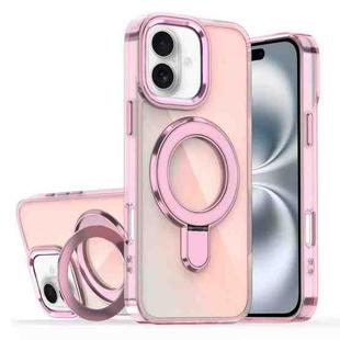 For iPhone 16 Plating Gradient Discolor MagSafe Holder Phone Case(Clear Pink)