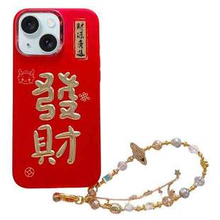 For iPhone 15 Plus New Year Design 3D Gold Stamping IMD Phone Case with Crystal Chain(Fortune)